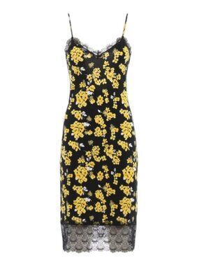 Michael Kors Floral Lace Jersey Slip Dress Midi Black and Yellow Women's Size M